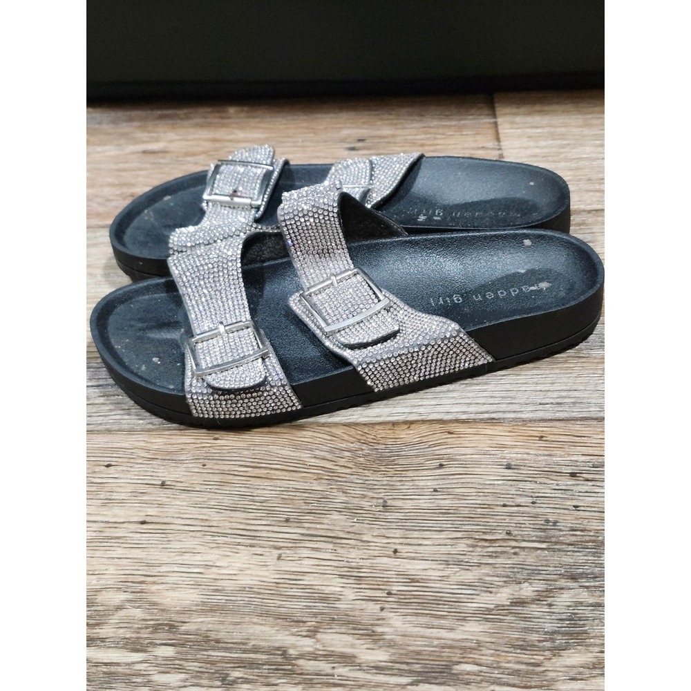 Madden Girl Brando-R Rhinestone Double Strap Slide Sandals Black Silver Womens 6